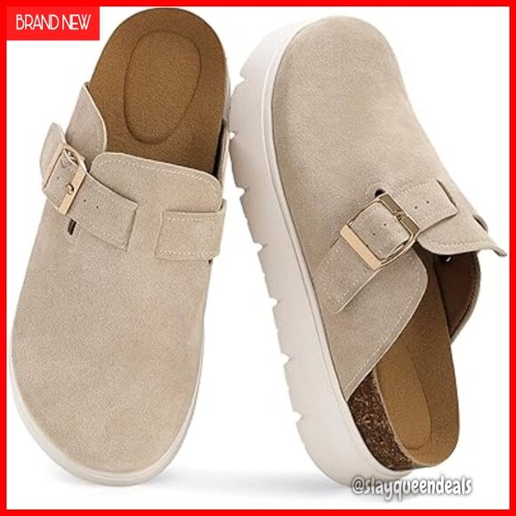 Shoes - Platform Clogs Women Slip-On Cork Footbed Suede Leather Comfortable Mules